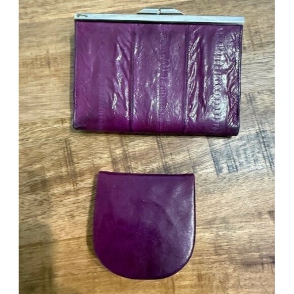 Genuine Eel Skin Leather Wallet Snap Flap Kisslock Fuchsia Pink Purple Coin Set - Picture 2 of 9
